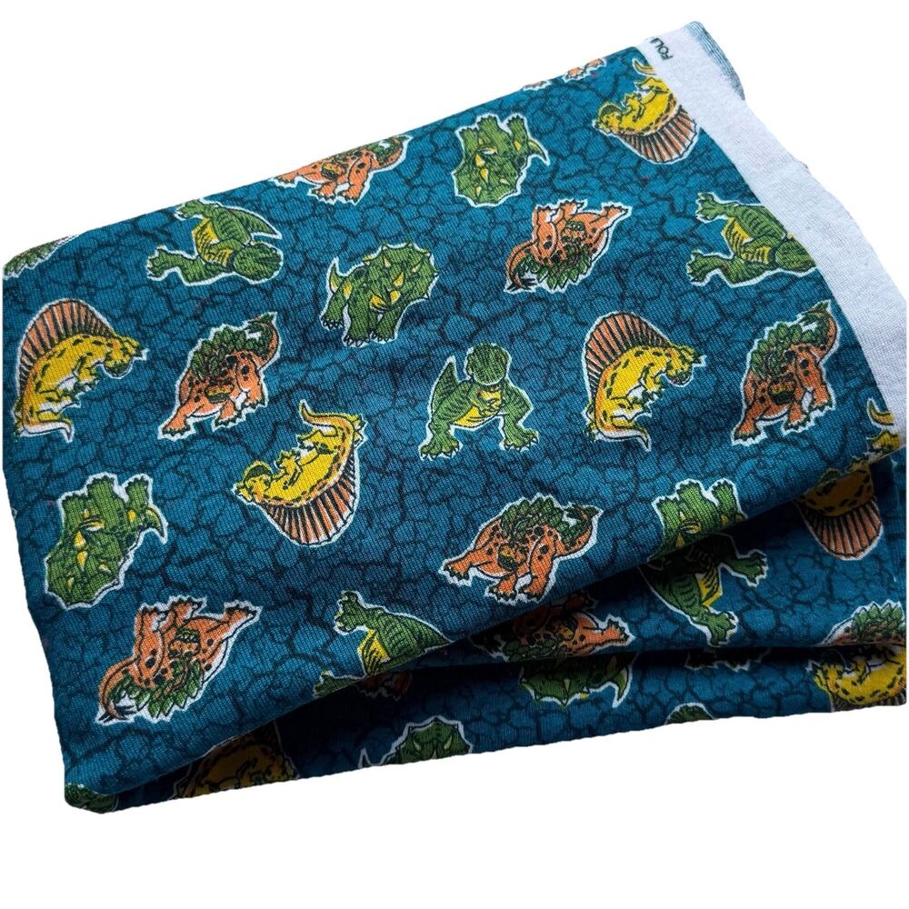 Vtg Cotton Knit Novelty Fabric Dinosaurs Dino Crackle Jurassic Blue 1yd 17 x 44"